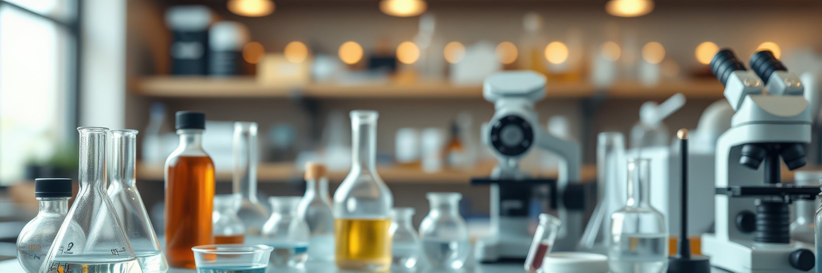 Laboratory setting with glassware and equipment for chemical experiments during daylight hours